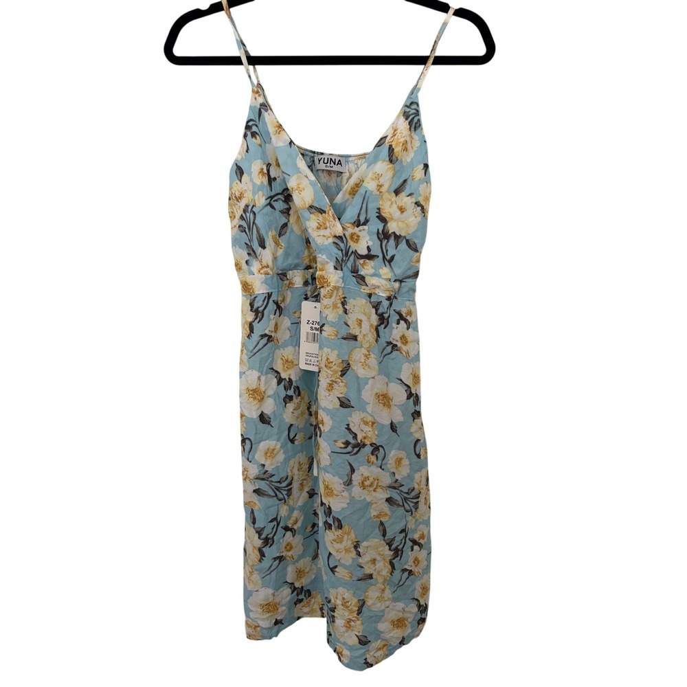 Yuna Floral Mini Sun Dress Light Blue Yellow Surplice V-Neck NWT S/M Summer